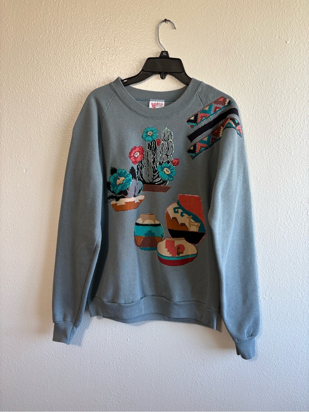 Vintage Sunbelt Size Large Teal Blue Graphic Aztec Southwestern Sweatshirt